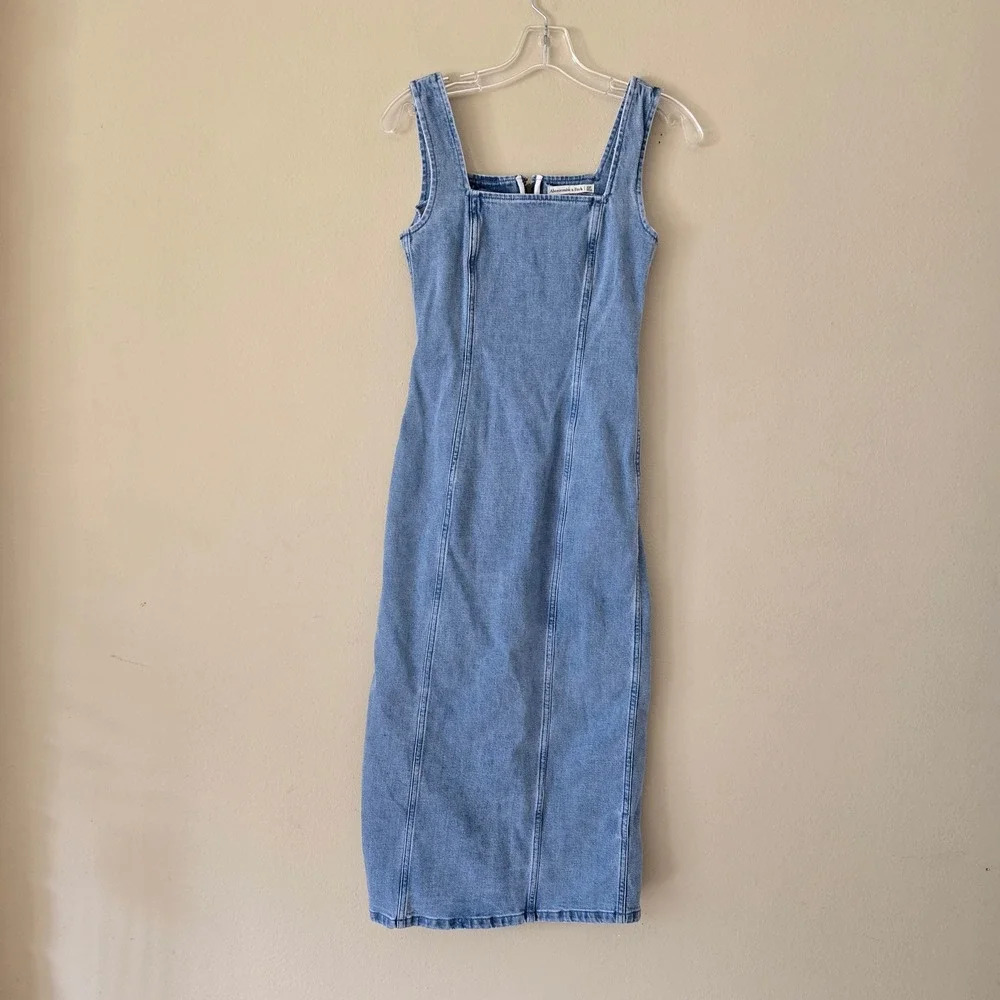 Abercrombie‎ & Fitch Denim Midi Dress Blue Square Neck XSP Petite Bodycon